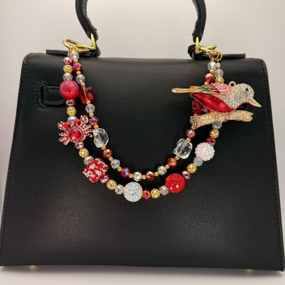 Red Gold Bird & Crab Purse Chain Bag Charm Accent Crystal Beaded Rhinestone